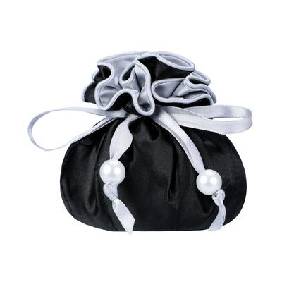 Drawstring Premium Satin Jewelry Pouch with 8 Interior Pockets, Black + Silver