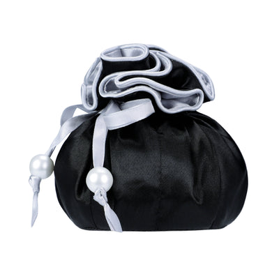 Drawstring Premium Satin Jewelry Pouch with 8 Interior Pockets, Black + Silver