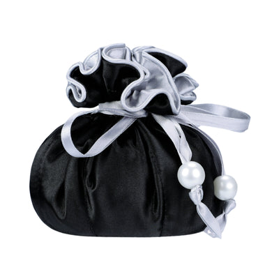 Drawstring Premium Satin Jewelry Pouch with 8 Interior Pockets, Black + Silver