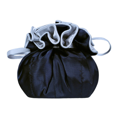 Drawstring Premium Satin Jewelry Pouch with 8 Interior Pockets, Blue + Silver
