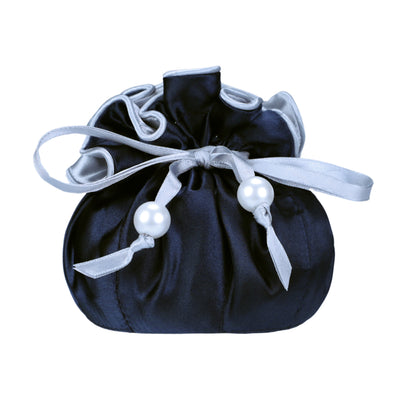 Drawstring Premium Satin Jewelry Pouch with 8 Interior Pockets, Blue + Silver