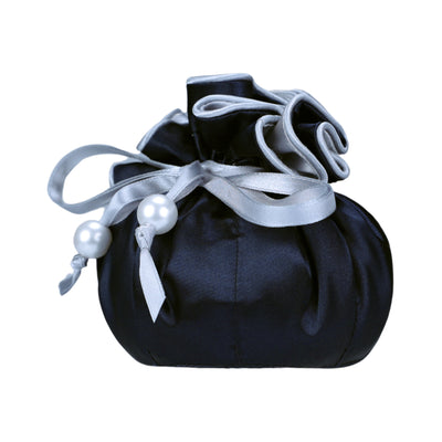 Drawstring Premium Satin Jewelry Pouch with 8 Interior Pockets, Blue + Silver