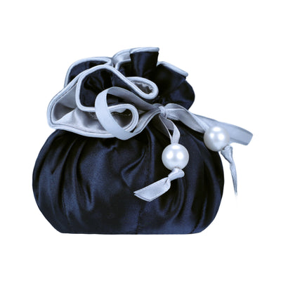 Drawstring Premium Satin Jewelry Pouch with 8 Interior Pockets, Blue + Silver