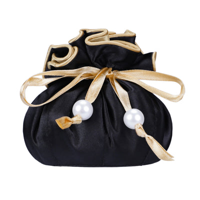 Drawstring Premium Satin Jewelry Pouch with 8 Interior Pockets, Black + Gold