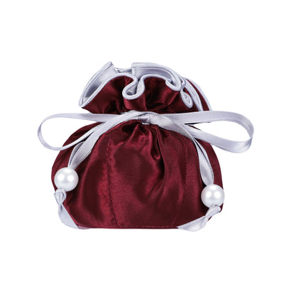 Drawstring Premium Satin Jewelry Pouch with 8 Interior Pockets, Maroon + Silver