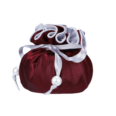 Drawstring Premium Satin Jewelry Pouch with 8 Interior Pockets, Maroon + Silver