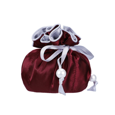 Drawstring Premium Satin Jewelry Pouch with 8 Interior Pockets, Maroon + Silver