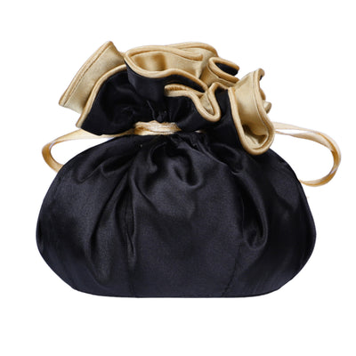 Drawstring Premium Satin Jewelry Pouch with 8 Interior Pockets, Black + Gold