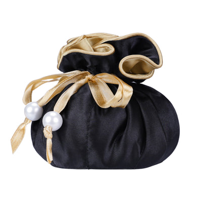 Drawstring Premium Satin Jewelry Pouch with 8 Interior Pockets, Black + Gold