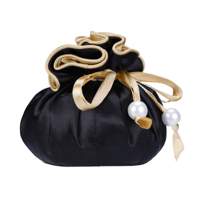 Drawstring Premium Satin Jewelry Pouch with 8 Interior Pockets, Black + Gold