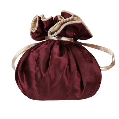 Drawstring Premium Satin Jewelry Pouch with 8 Interior Pockets, Maroon + Gold