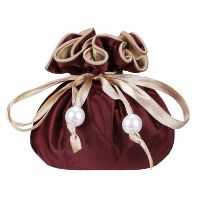 Drawstring Premium Satin Jewelry Pouch with 8 Interior Pockets, Maroon + Gold