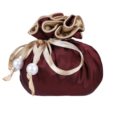 Drawstring Premium Satin Jewelry Pouch with 8 Interior Pockets, Maroon + Gold