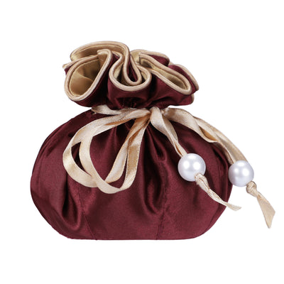 Drawstring Premium Satin Jewelry Pouch with 8 Interior Pockets, Maroon + Gold
