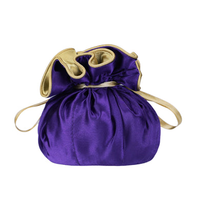 Drawstring Premium Satin Jewelry Pouch with 8 Interior Pockets, Purple + Gold
