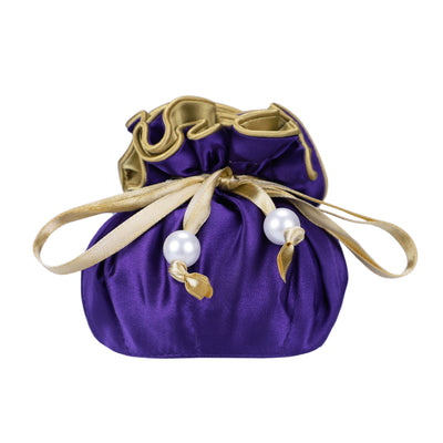 Drawstring Premium Satin Jewelry Pouch with 8 Interior Pockets, Purple + Gold