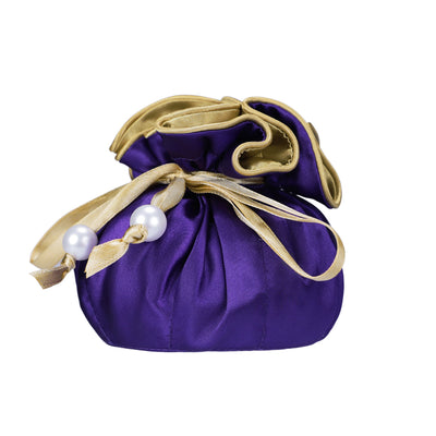 Drawstring Premium Satin Jewelry Pouch with 8 Interior Pockets, Purple + Gold
