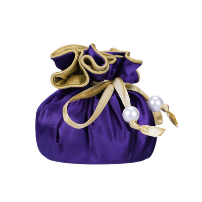 Drawstring Premium Satin Jewelry Pouch with 8 Interior Pockets, Purple + Gold