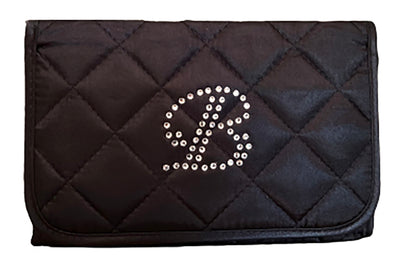 Personalized & Monogrammed Cosmetic Bag with a Mirror, Quilted Black Satin, Cursive Single Upper Case Letter in Swarovski Rhinestones
