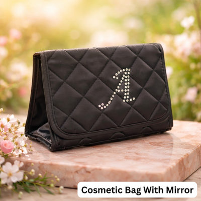 Personalized & Monogrammed Cosmetic Bag with a Mirror, Quilted Black Satin, Cursive Single Upper Case Letter in Swarovski Rhinestones
