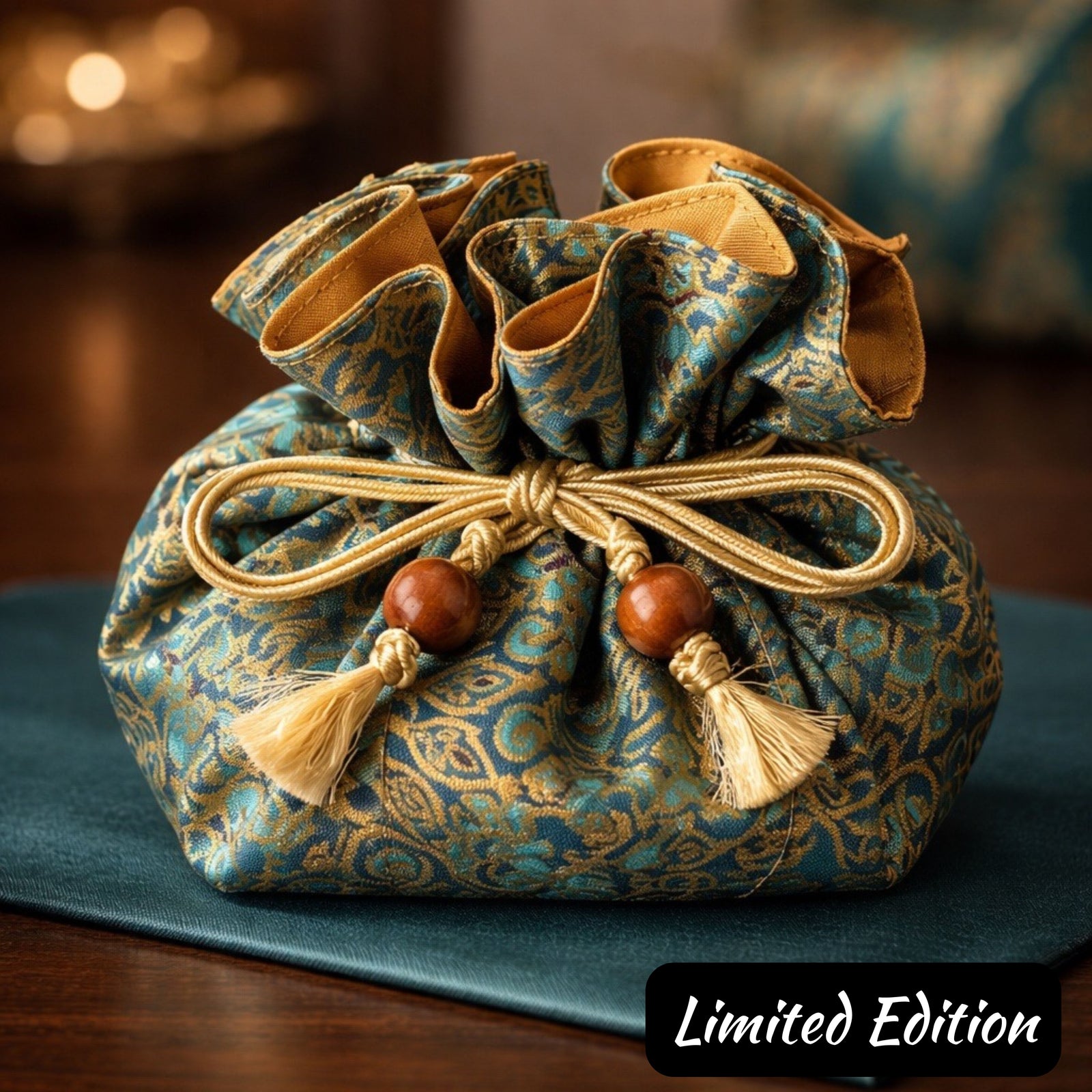 Premium Drawstring Jewelry Pouch, Cotton & Raw Thail Sil, Sunburst | Limited Edition